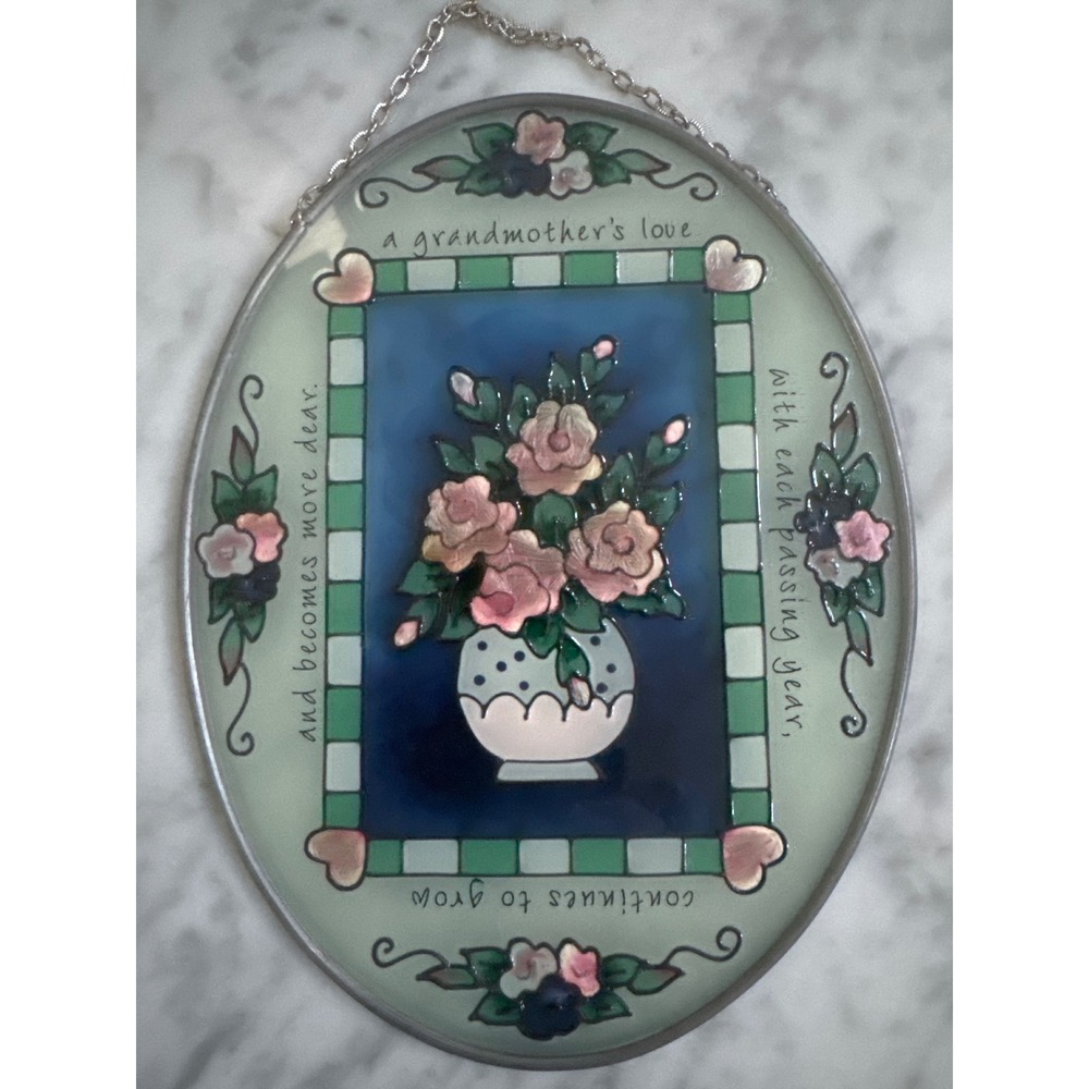 Joan Baker Designs Handpainted Glass Suncatcher Grandmother Floral Rose Oval 6"
